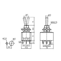 Prepínač páčkový 3pol./9pin ON-OFF-ON 12V