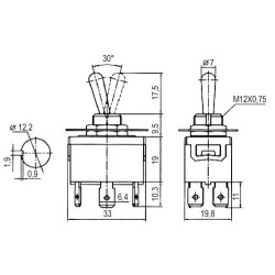Prepínač páčkový 3pol./6pin ON-OFF-ON 250V/10A