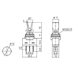 Prepínač páčkový 2pol./3pin ON-OFF 12VDC prosv. červený