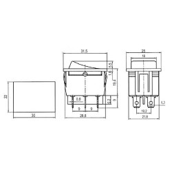Prepínač kolískový 3pol./6pin ON-OFF-ON 250V/15A čierny