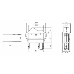 Prepínač kolískový 2pol./3pin ON-OFF 20A/12VDC pros. červený