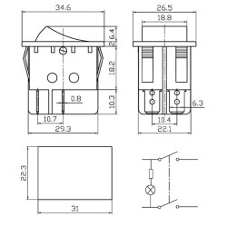 Prepínač kolískový 2pol./4pin (ON)-OFF 250V/15A