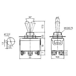 Prepínač páčkový 2pol./6pin ON-ON 250V/10A šroub.