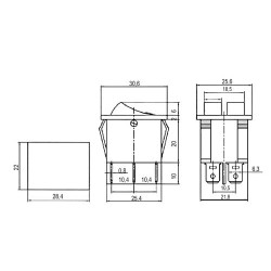 Prepínač kolískový 2x(2pol./3pin) ON-OFF 250V/15A pros. bod R