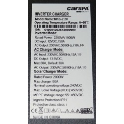Hybridný menič napätia CARSPA MKS-2.2K, DC/AC 12V/1800W, regulovaný MPPT