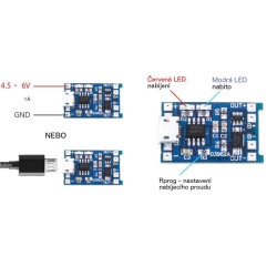 Nabíjačka Li-Ion článku 1A s ochranou, modul s IO TP4056 (micro USB)