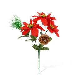 Dekorácia poinsettia – s 3 kvetmi a šiškou – tmavočervená – 34 cm