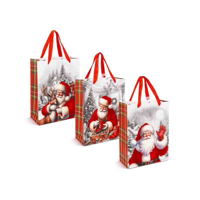 Vianočná darčeková taška - zamatový vzhľad, vzor Mikuláš - 24 x 18 x 8 cm - 3 druhy - 12 ks/balenie