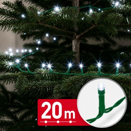 Svetelná reťaz – 20 m – studená biela – 400 LED – 100–240 V – 6 W – zelený kábel