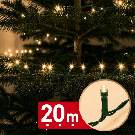 Svetelná reťaz – 20 m – teplá biela – 400 LED – 100–240 V – 6 W – zelený kábel