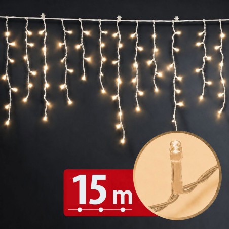 Svetelný záves – 15 m – teplá biela – 600 LED – 100–240 V – 6 W – priehľadný kábel
