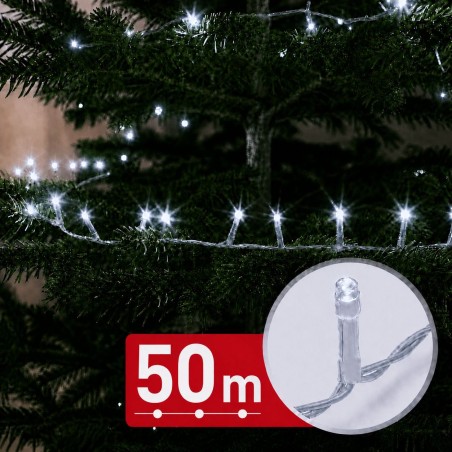 Svetelná reťaz – 50 m – studená biela – 1000 LED – 220–240 V – 9 W – priehľadný kábel