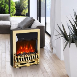 HOME FKK25G voľne stojaci elektrický krb, max. 2000 W, efekt LED plameňa, 2 stupne, mechanické ovládanie, zlatá dekorácia