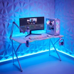 Herný stôl - 120 x 60 x 75 cm - RGB LED, USB, držiak na pohár, držiak na slúchadlá, 15 mm MDF-biely