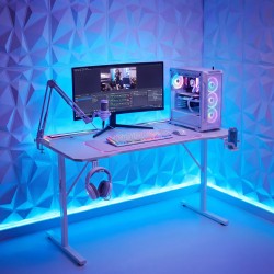 Herný stôl - 120 x 60 x 75 cm - RGB LED, USB, držiak na pohár, držiak na slúchadlá, karbónový-biely