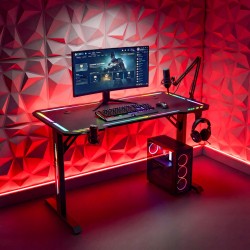 SK: Herný stôl - 120 x 60 x 75 cm - RGB LED, USB, držiak na nápoj, držiak na slúchadlá, 5 mm sklo